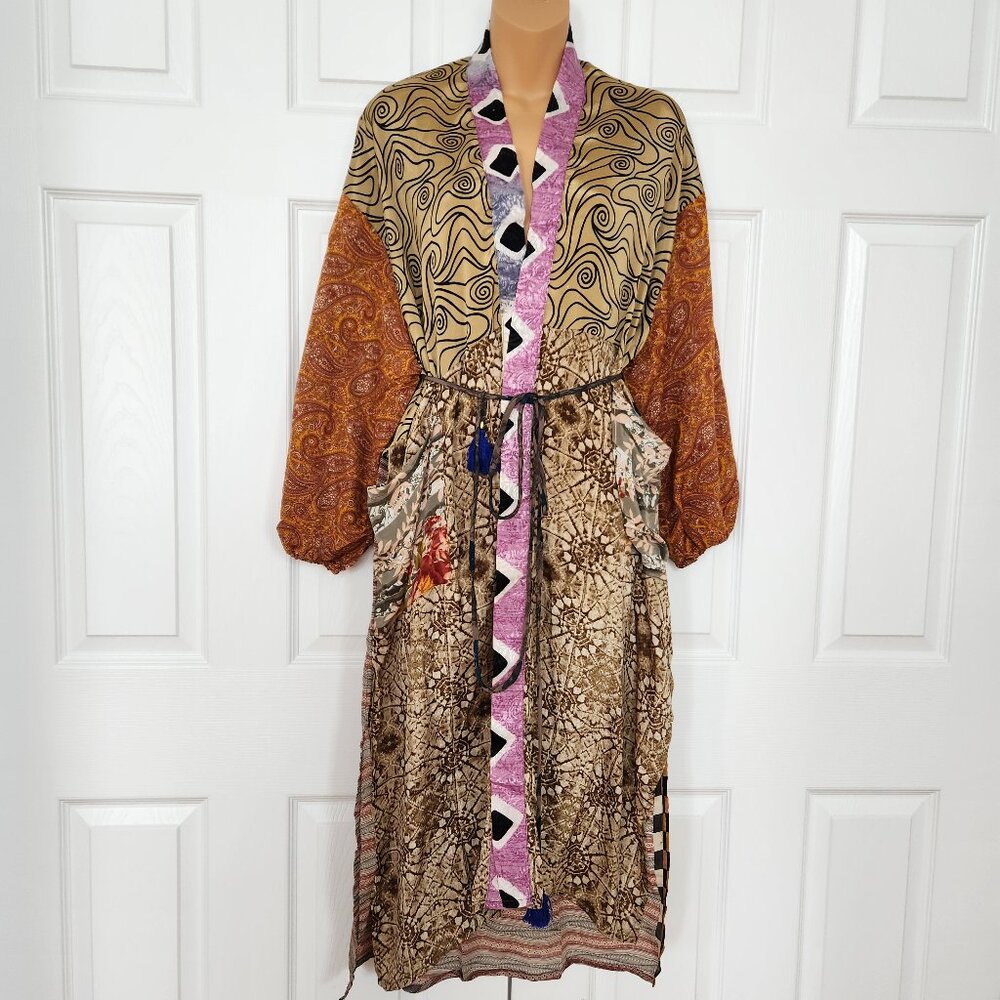 GURU MULTICOLOR SILK PATCHWORK KIMONO BELTED ROBE DUSTER BOHO STYLE